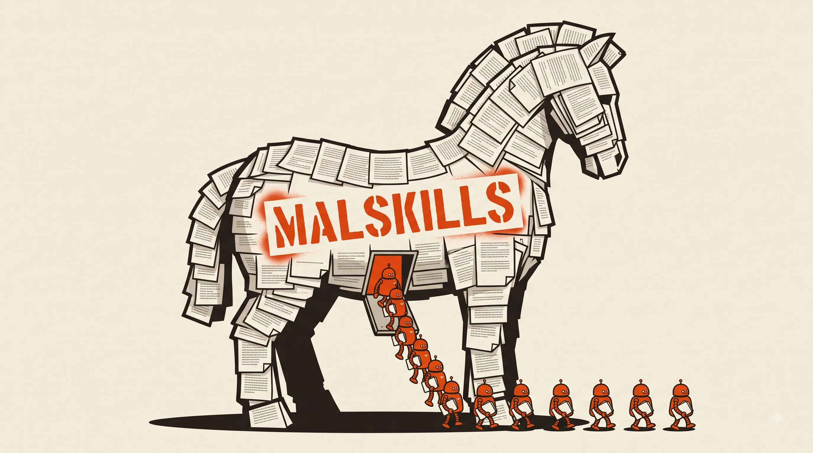 A Trojan horse built entirely from stacked sheets of plain text documents, stencilled MALSKILLS across its flank, with small robots filing out of an open hatch carrying folders away
